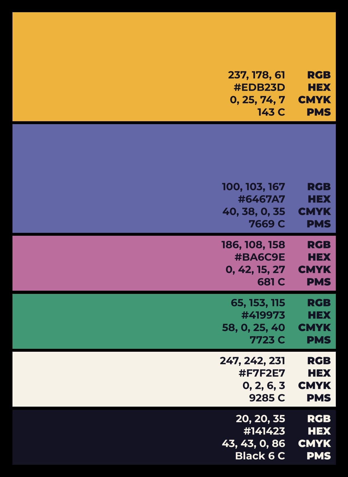 Colour palette: yellow, violet, pink, green, cream and near-black, with RGB, hex, CMYK and Pantone values
