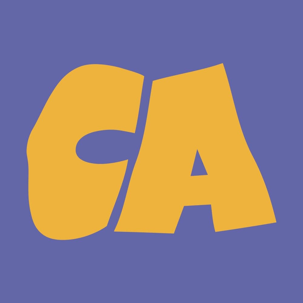 CA monogram in yellow on violet