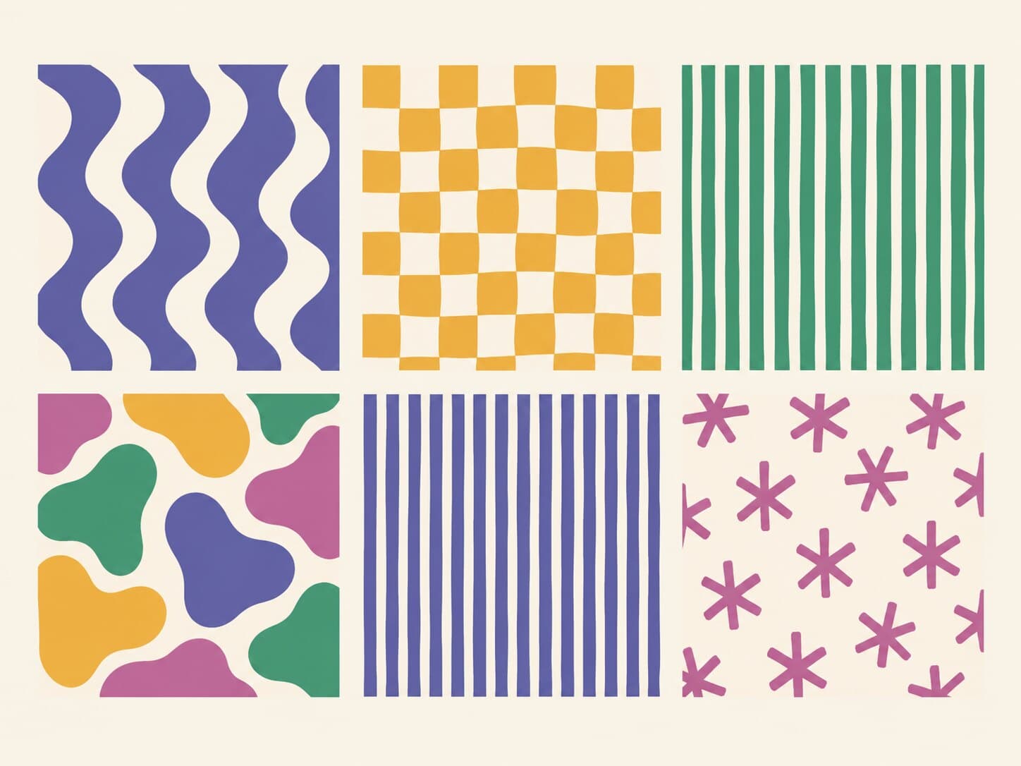 Six patterns: waves, checks, stripes, blobs, bars and asterisks in the brand colours