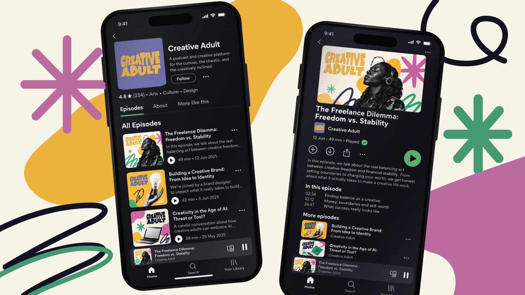 Two phones showing the Creative Adult podcast in a streaming app