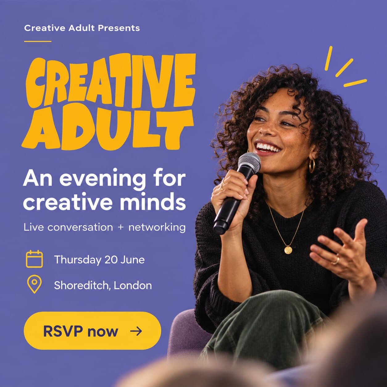 Event social post: “An evening for creative minds”, Thursday 20 June, Shoreditch, London