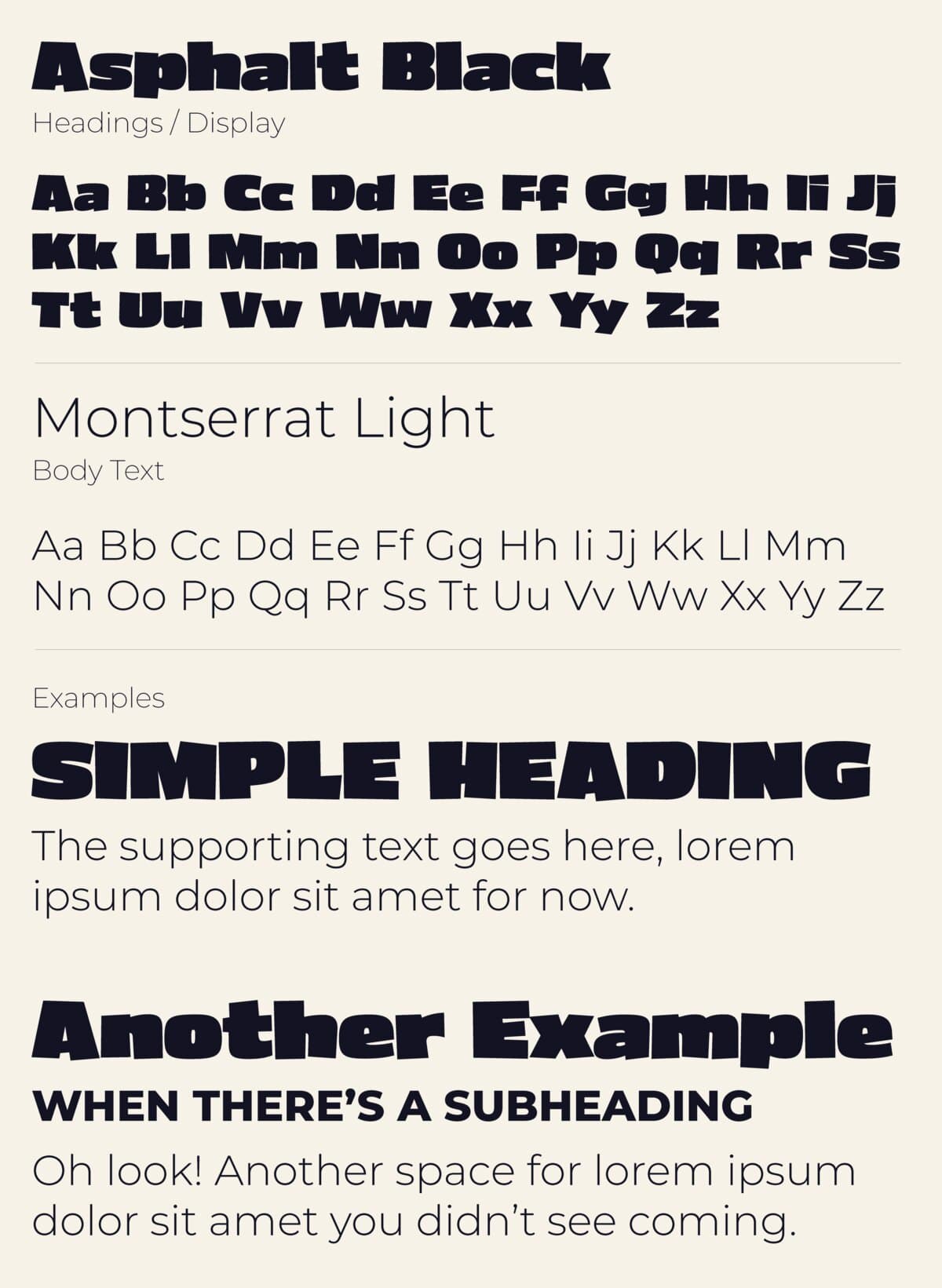 Type specimen pairing Asphalt Black for headings with Montserrat Light for body text