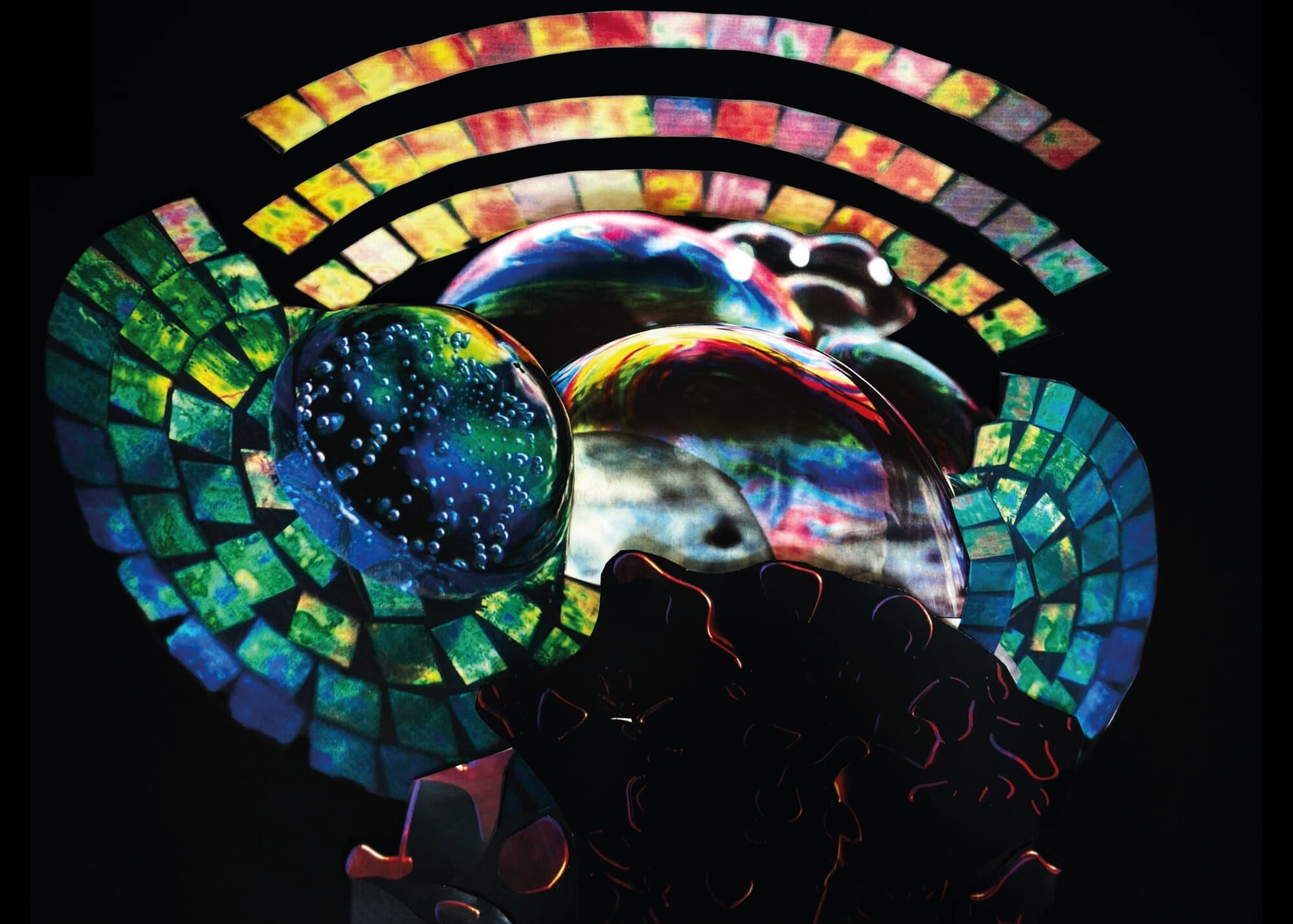 Original collage: a psychedelic bubble of city fragments framed by arcs of colour tiles