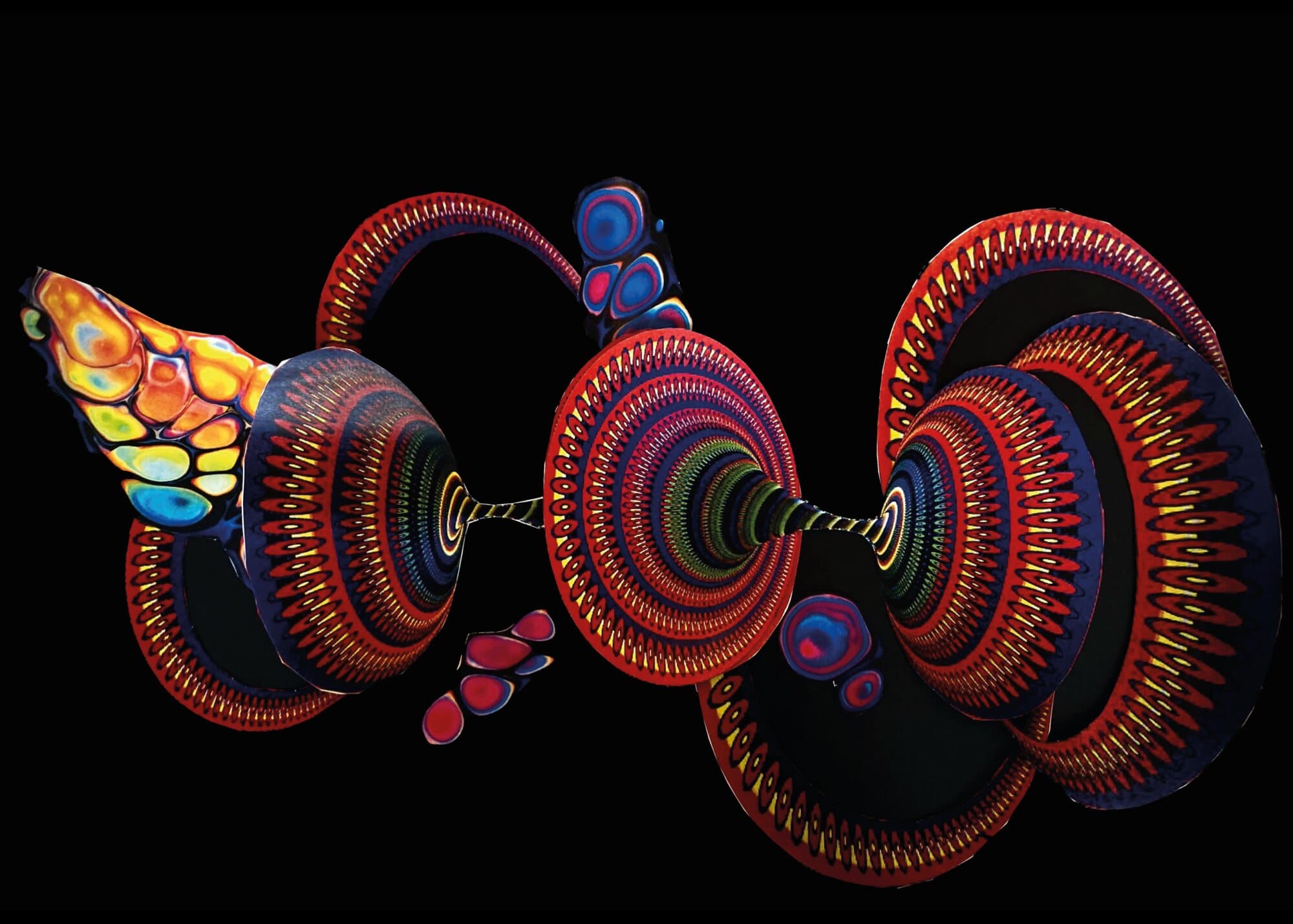 Original collage: linked red and gold patterned spirals on black