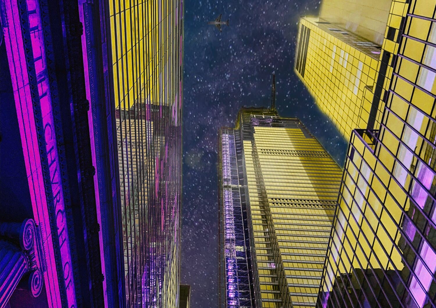 Looking up between gold and violet Manhattan skyscrapers into a starry night sky