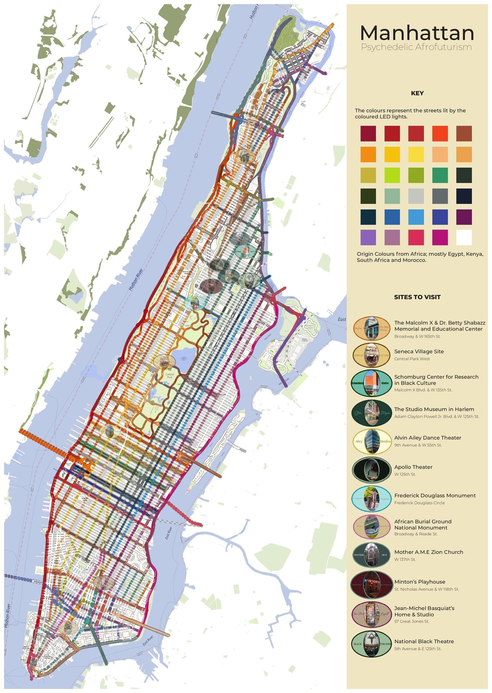 Fold-out map of Manhattan with streets lit in origin colours, a key of African origin colours and twelve Black history sites to visit