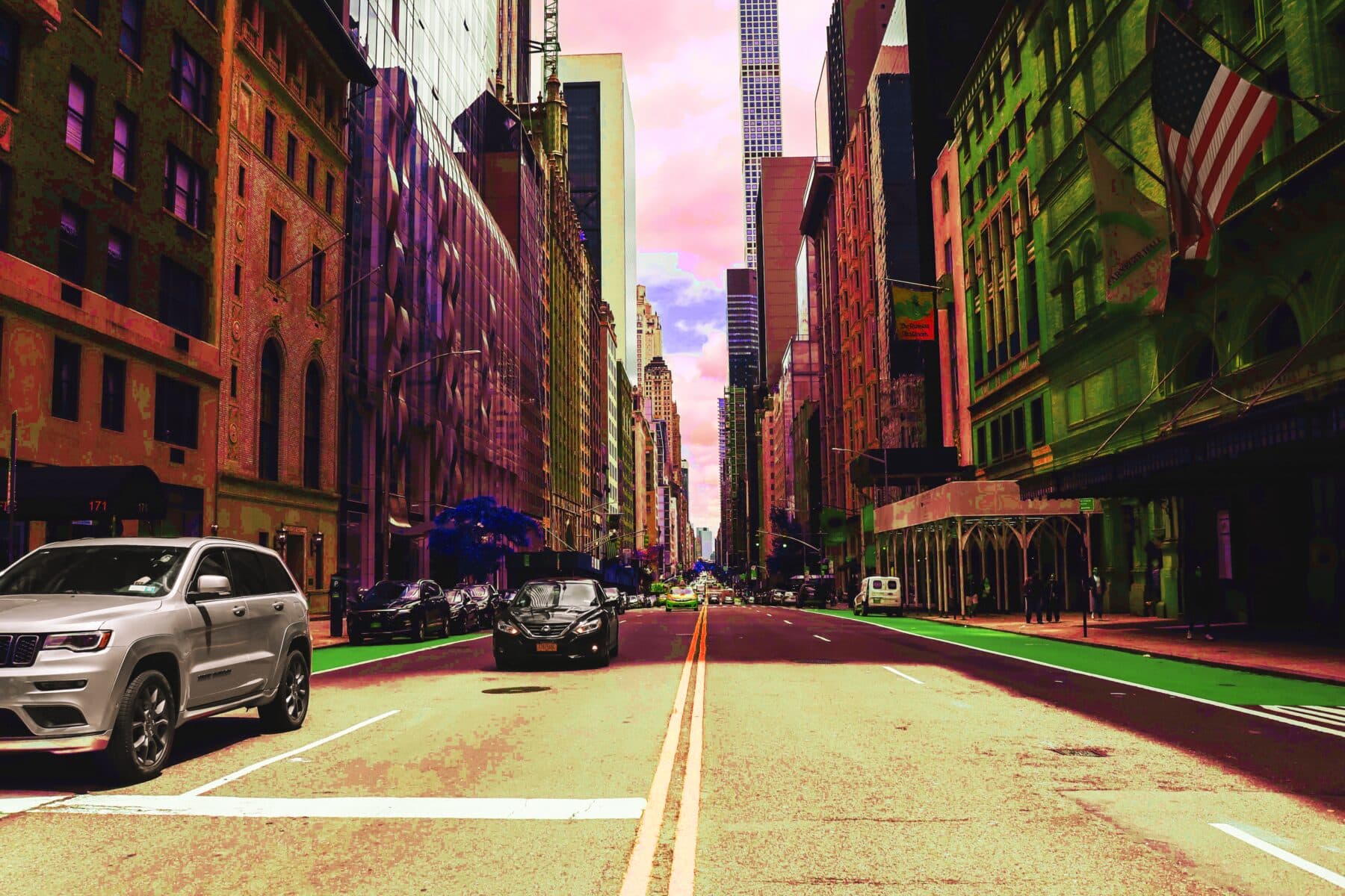 A Manhattan avenue recoloured with a pink sky, green cycle lanes and violet shadows