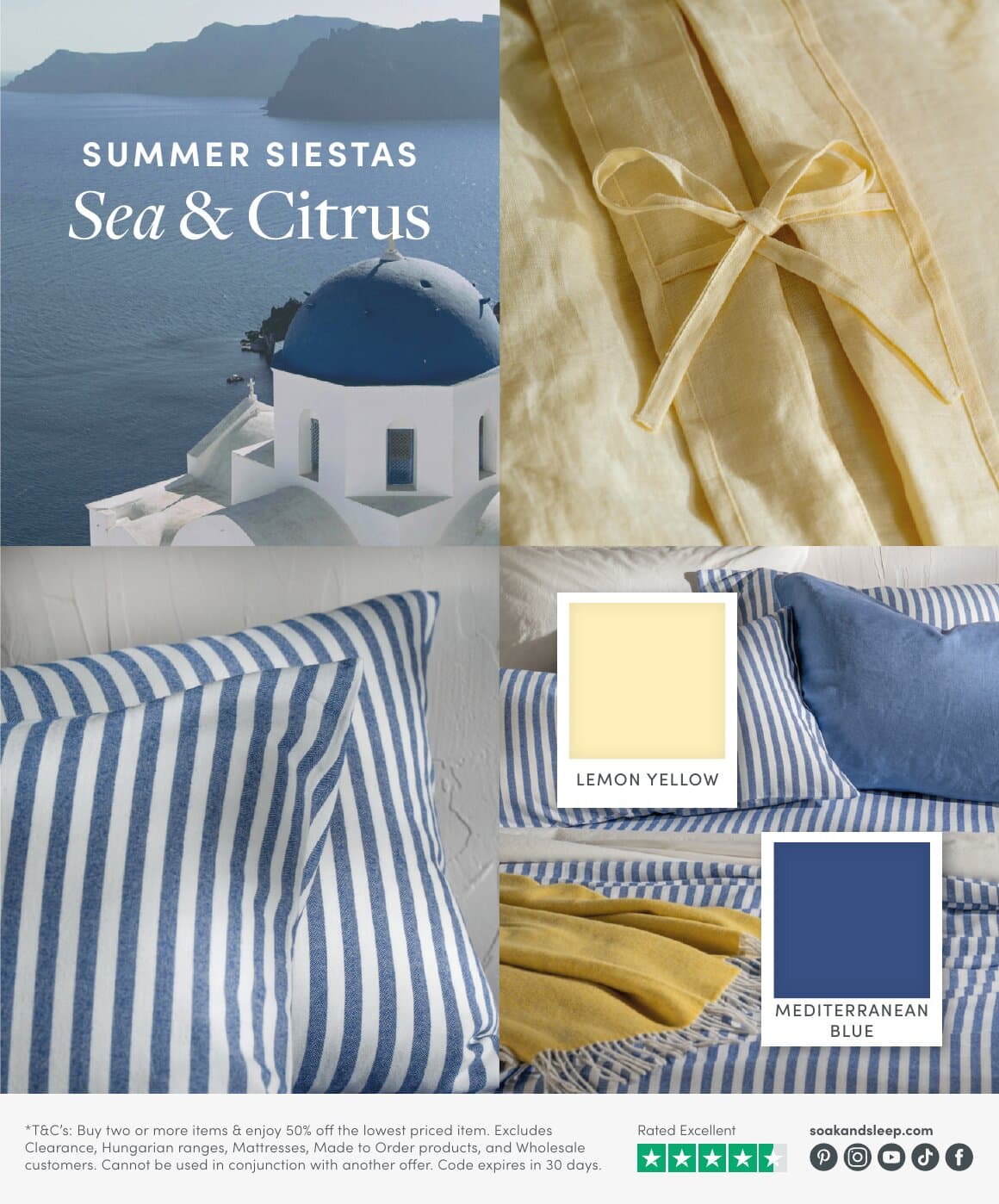 Sea & Citrus bounceback card, back: Santorini imagery with Lemon Yellow and Mediterranean Blue swatches