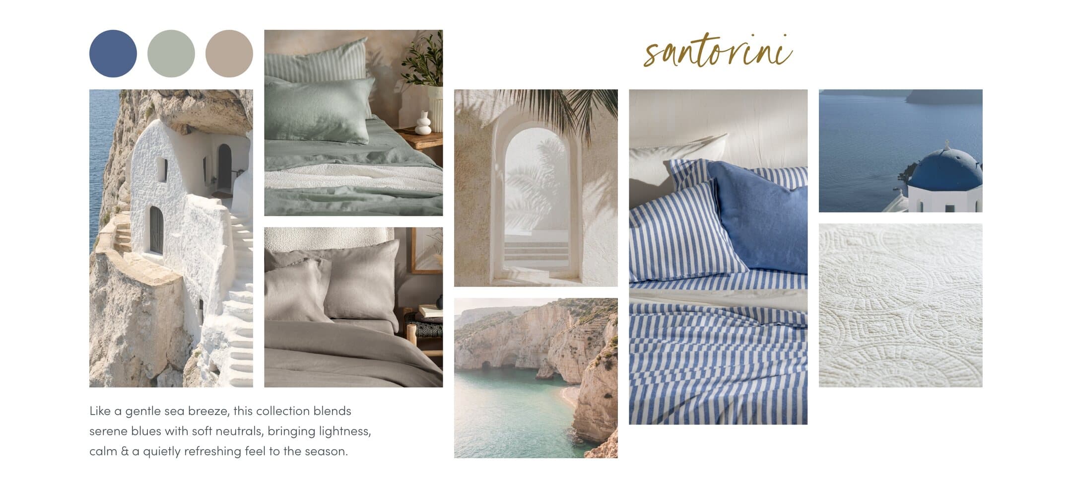 Summer Siestas Santorini campaign page: a whitewashed Santorini moodboard with blue and white striped bedding