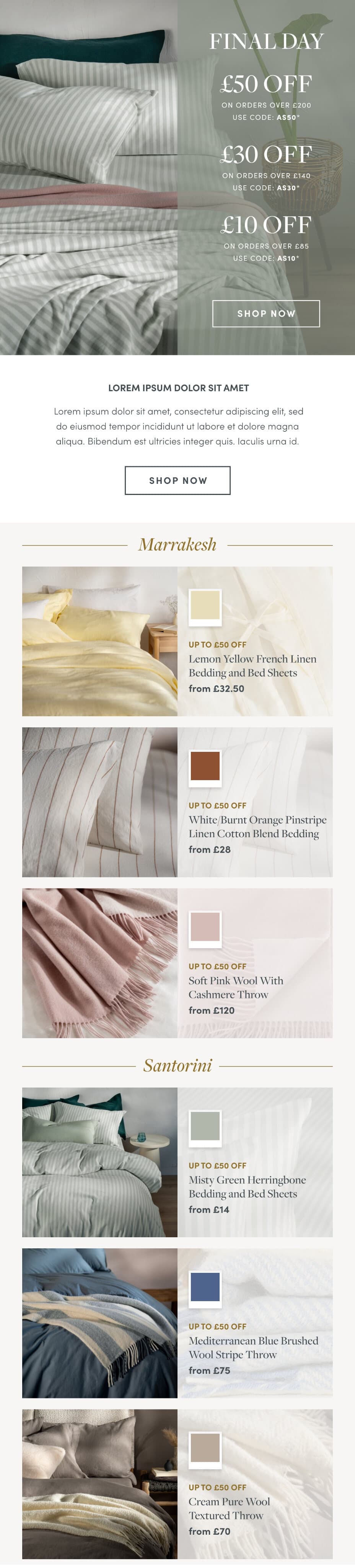 A full Soak&Sleep campaign email: a final day offer, then Marrakesh and Santorini product edits with a colour swatch per product