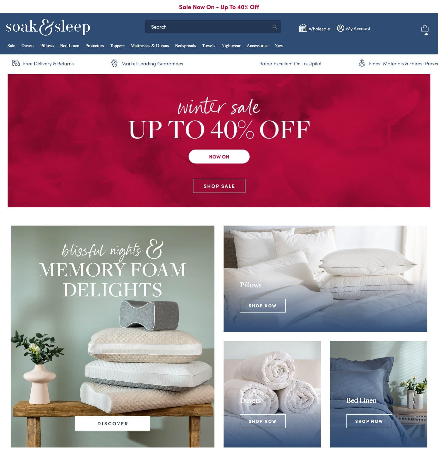 Soak&Sleep homepage in January 2024, led by a red winter sale banner