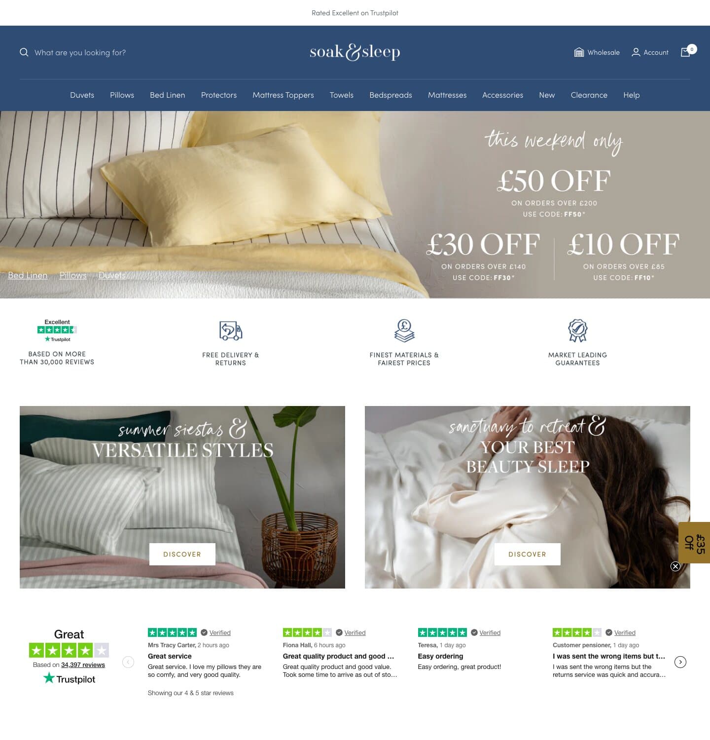 Soak&Sleep homepage in 2026, led by an editorial offer and seasonal campaign tiles