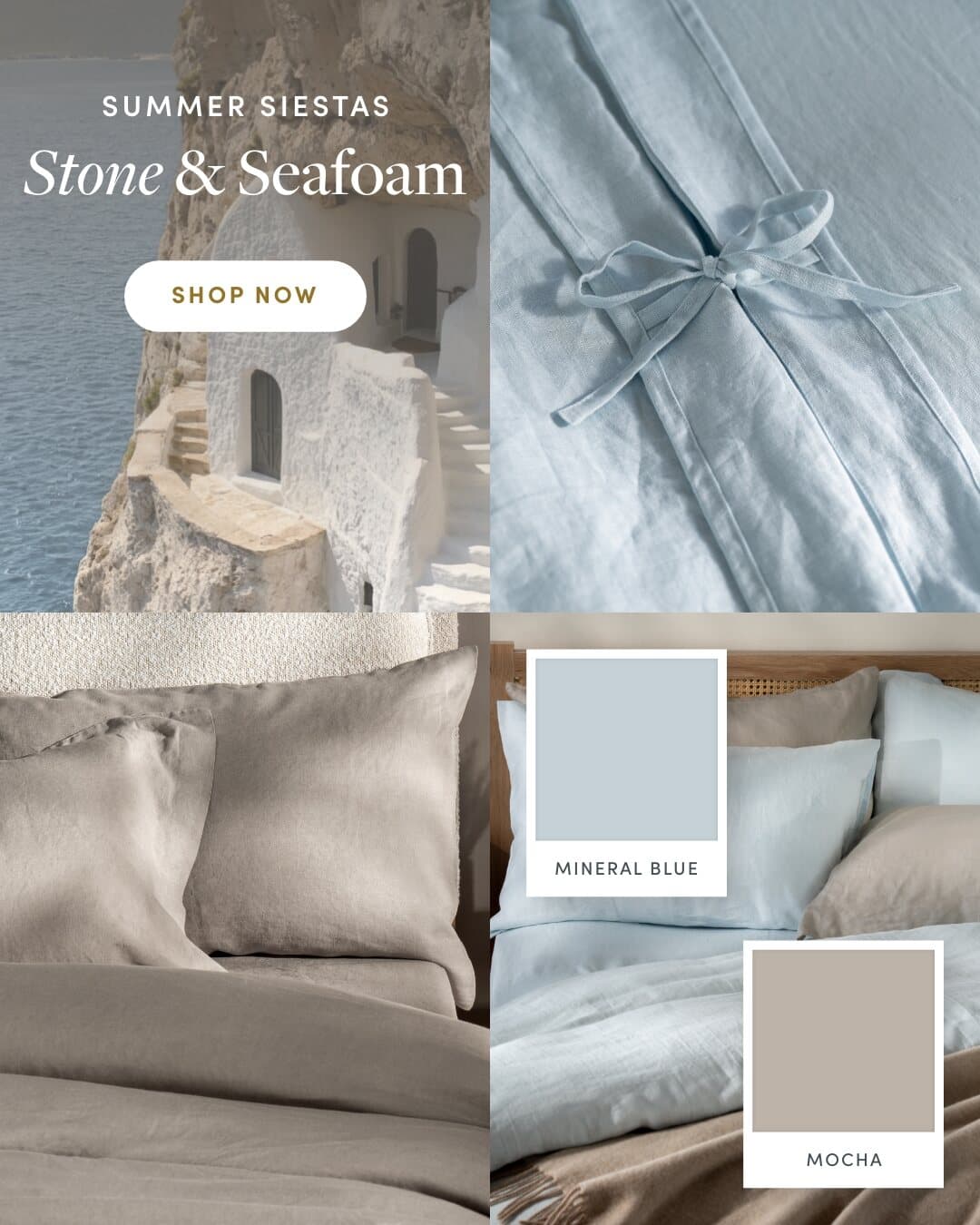Summer Siestas Stone & Seafoam paid social post with colour swatches